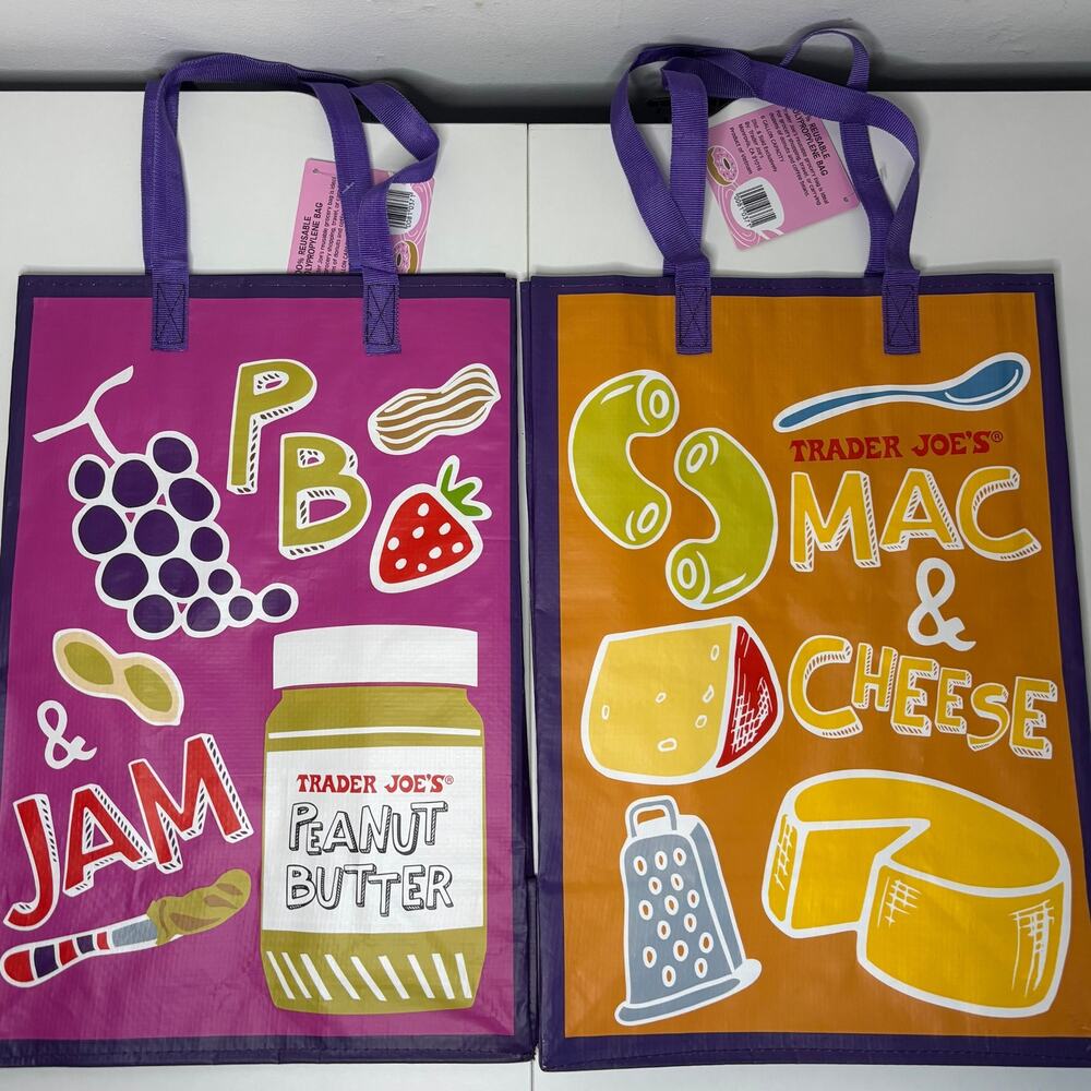 Trader Joe’s Comfort Food Tote Bag Reusable Shopper Mac Cheese Peanut Butter NWT